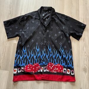 Men's Vintage Y2k Ferugini Black Blue Flames Dice Poker Button Up Shirt Sz Large